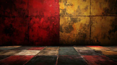 Grunge checkered room split by blazing red and gold wall.
