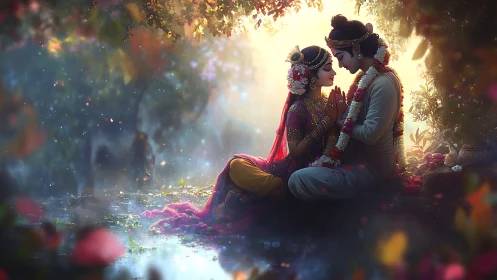 Indian Couple in Traditional Wedding Attire Under Glowing Light