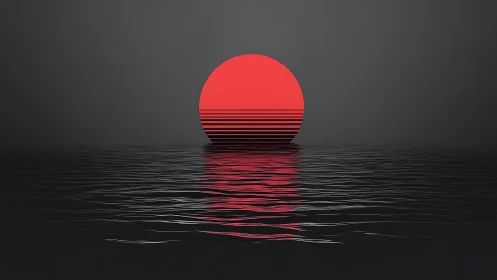 Bold red sun settles into calm reflective ocean water