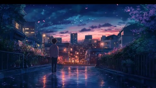 Solitary boy walks a glowing city street at violet dusk