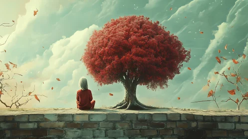 Solitary child studies crimson tree against ethereal cloudscape