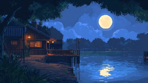 Lakeside cabin under full moon rendered in cinematic pixel art