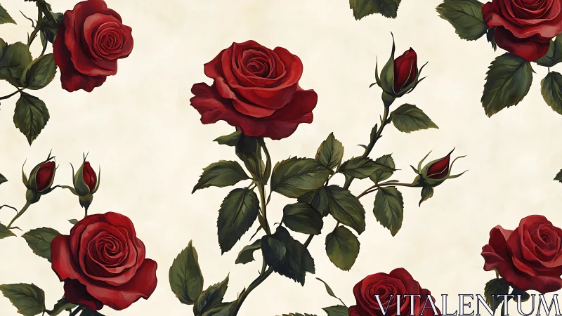 Red Roses with Buds on Cream Background Pattern