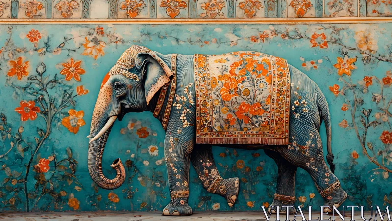 Ornate painted elephant against floral turquoise wall.