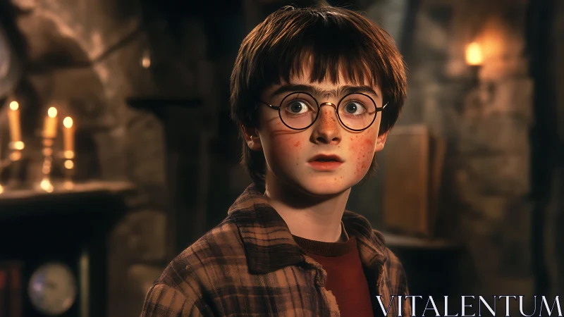 Wide-eyed boy in candlelit stone room, caught mid-revelation.