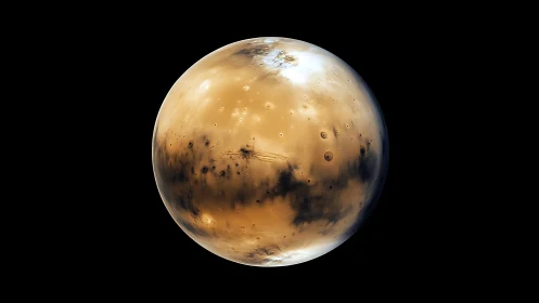 Spherical brown planet with dark surface markings in space.