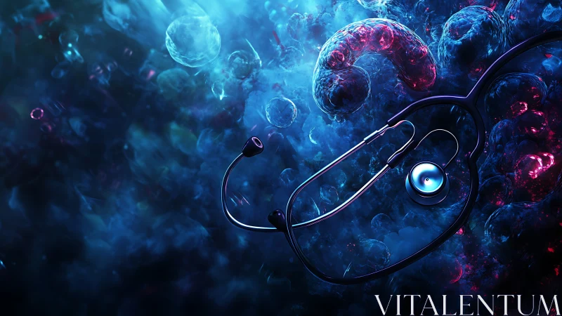 Stethoscope on bioluminescent cellular background in blue haze