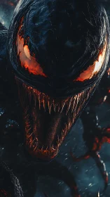 Close-up of menacing black creature with glowing mouth.
