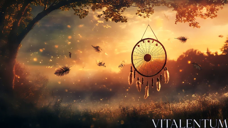 Sunlit dreamcatcher suspended in warm atmospheric dusk field