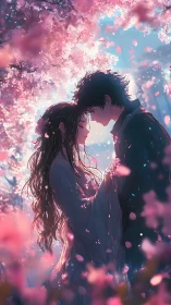 Tender anime couple under glowing cherry blossoms at dusk.
