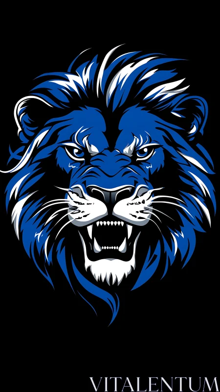 Stylized blue lion head illustration shows snarling face
