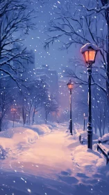 Snowy city park path glows under warm lamplight at dusk
