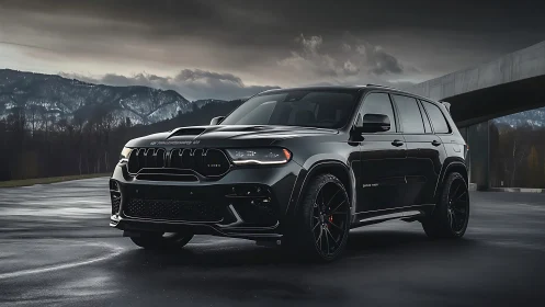 Sleek black SUV waiting for an open road adventure drive.