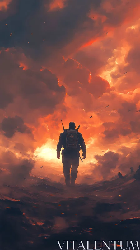 Lone soldier strides into a storm-forged burning sky.