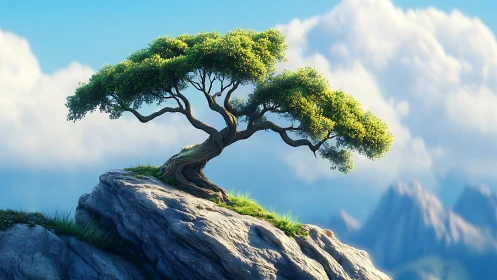 Solitary windswept tree grows on rocky mountain outcrop