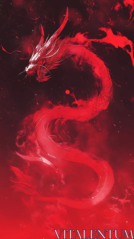 Digital painting of serpentine crimson dragon on void field.