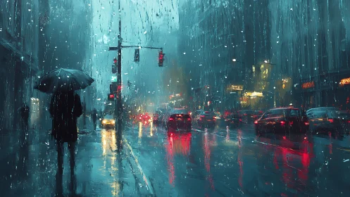 Glistening city street welcomes quiet walks in evening rain