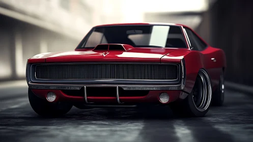 Bold red muscle car glowing with timeless street style.