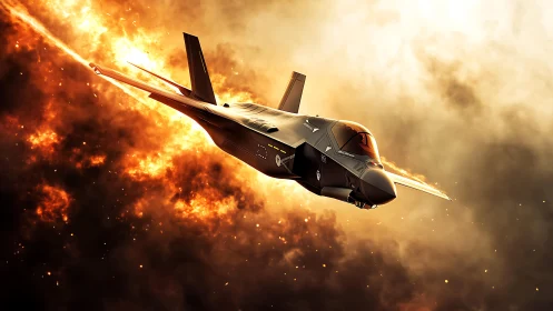 Stealth fighter jet cuts through incendiary cloudscape in flight