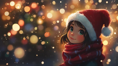 Anime holiday portrait with bokeh lighting and warm palette.