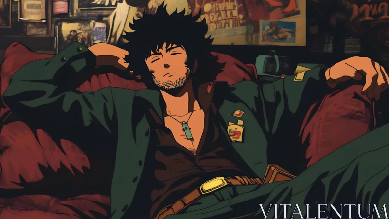 Relaxed noir drifter reclining in cinematic anime lounge.