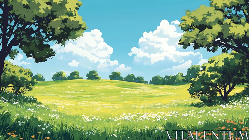 Sunlit summer meadow stretches beneath crisp blue sky