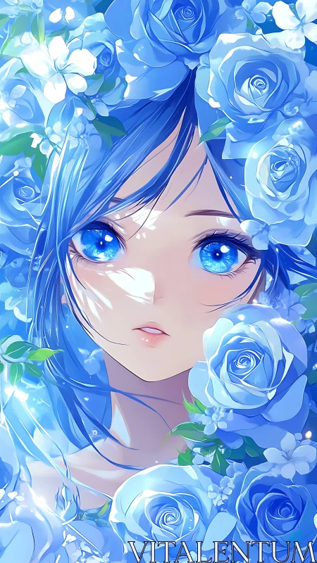 Iridescent blue haired anime girl framed by luminous roses