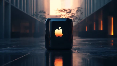 Glossy cubic device with glowing apple logo in city plaza