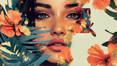 Female face merges with tropical flowers in digital artwork