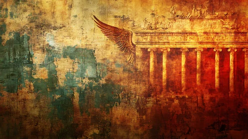 Textured digital mural of Brandenburg Gate with golden wing