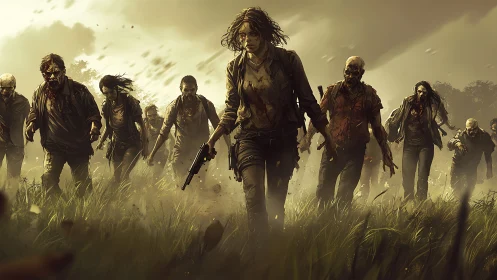 Fearless survivor strides through a haunting zombie horde.