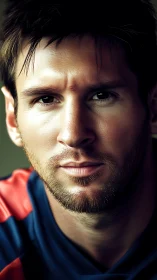 Intense close-up portrait of bearded athlete in jersey.