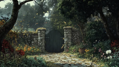 Sunlit stone garden gate framed by dense flowering foliage