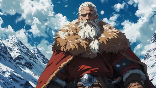 Mountain warlord stands armored against high winter sky.