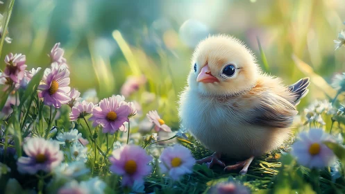 Fluffy spring chick nestled among sunlit meadow blooms.