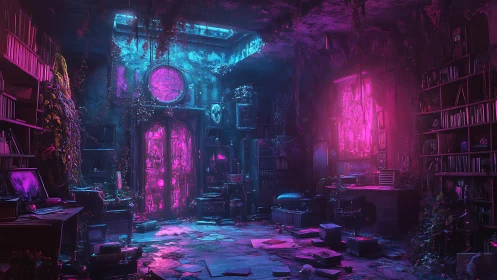 Neon-drenched arcane library bathed in eerie magenta glow.