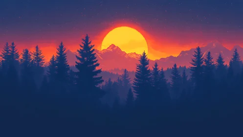 Layered conifer silhouettes frame stylized sun over mountains
