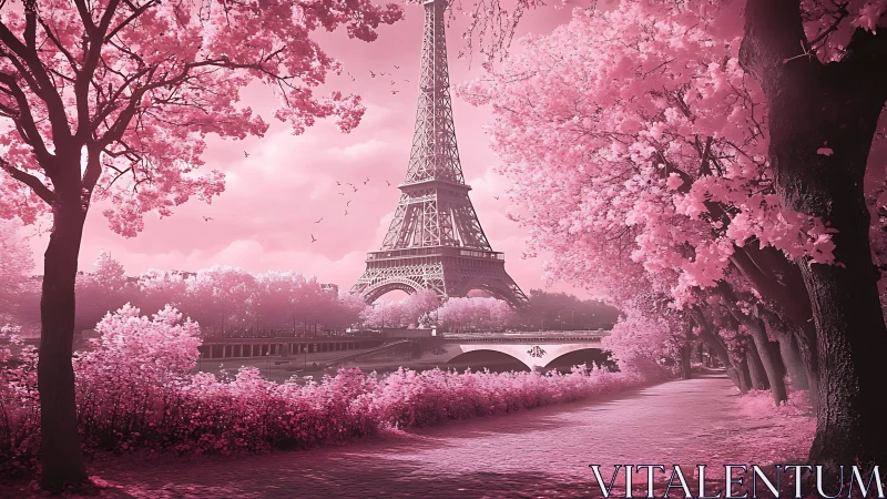 Monochromatic infrared-style Paris landscape with blooming cherry trees framing Eiffel Tower