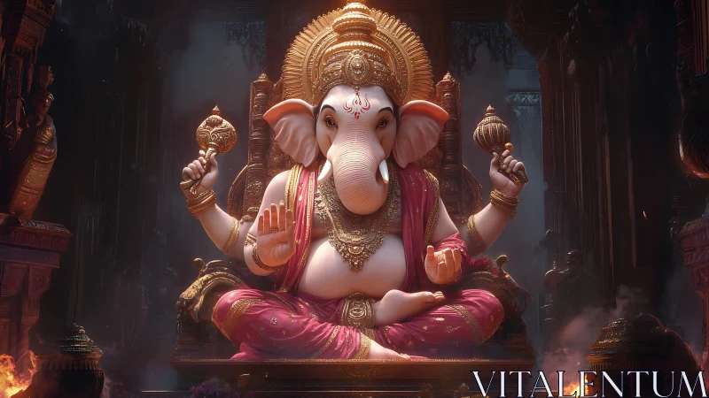 Regal Ganesha idol glowing within ornate temple interior.