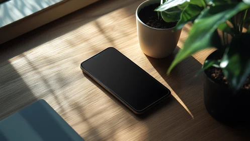 Smartphone on wooden desk with potted plant and natural window light