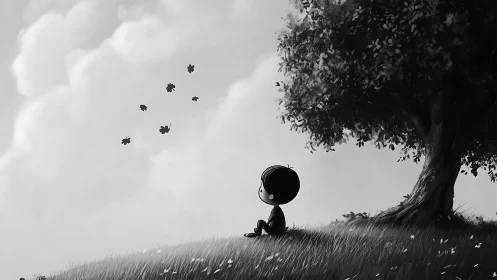 Quiet hillside daydream with drifting leaves and soft sky.