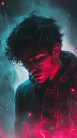Cinematic neon-lit youth in cyan magenta atmospheric glow