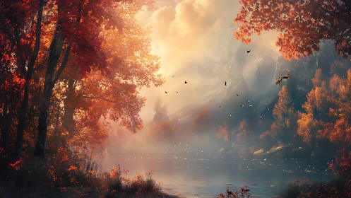 Autumn forest lake under misty mountains at golden sunrise.