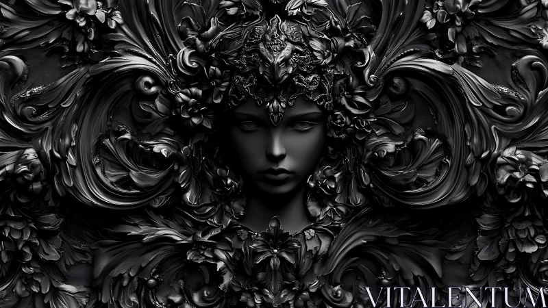 Monochrome female bust integrated into ornate baroque relief