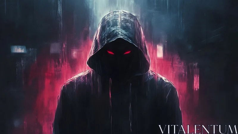 Hooded shadow figure stalks neon alley under cold rain.