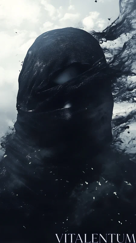 Shadow-wrapped phantom unravels into storm-torn ink