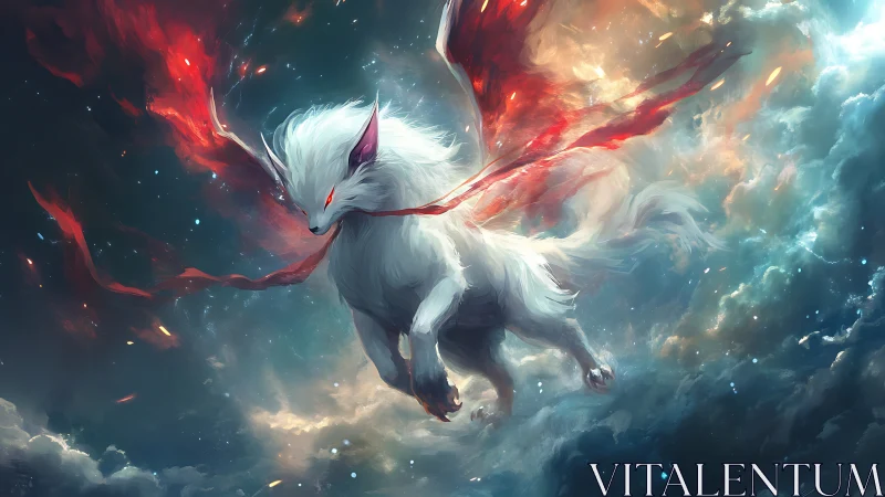 Celestial fox spirit unfurls burning wings across stormed sky.