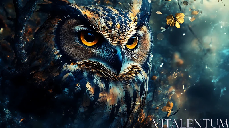 Majestic owl in mystical forest, digital art with vibrant colors.