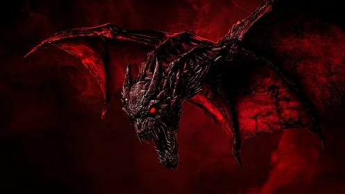 Infernal skeletal dragon with membranous wings in red haze