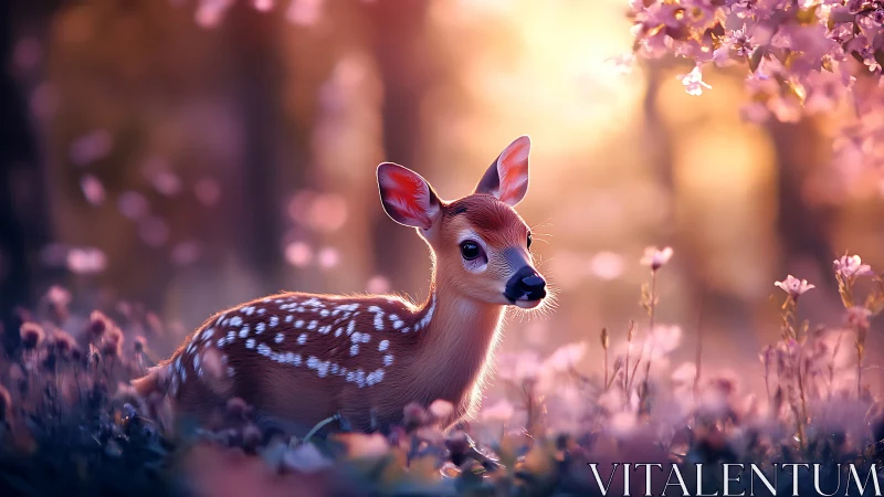 Gentle fawn rests peacefully in a glowing spring meadow